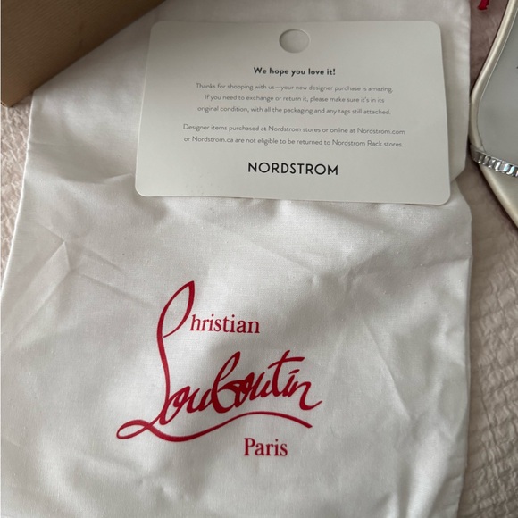 Christian Louboutin Ivory Satin Slingback Heels with Crystal Toe Strap - Picture 6 of 6